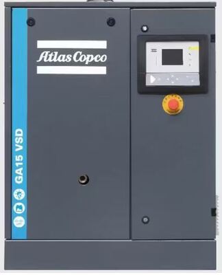 Compressor industrial da série GA GA15VSD, com pressão de 4 a 10 bar, concebido para funcionamento silencioso